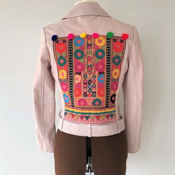 Pink Leather Moto Jacket with Embroidery - Picture 3 of 6